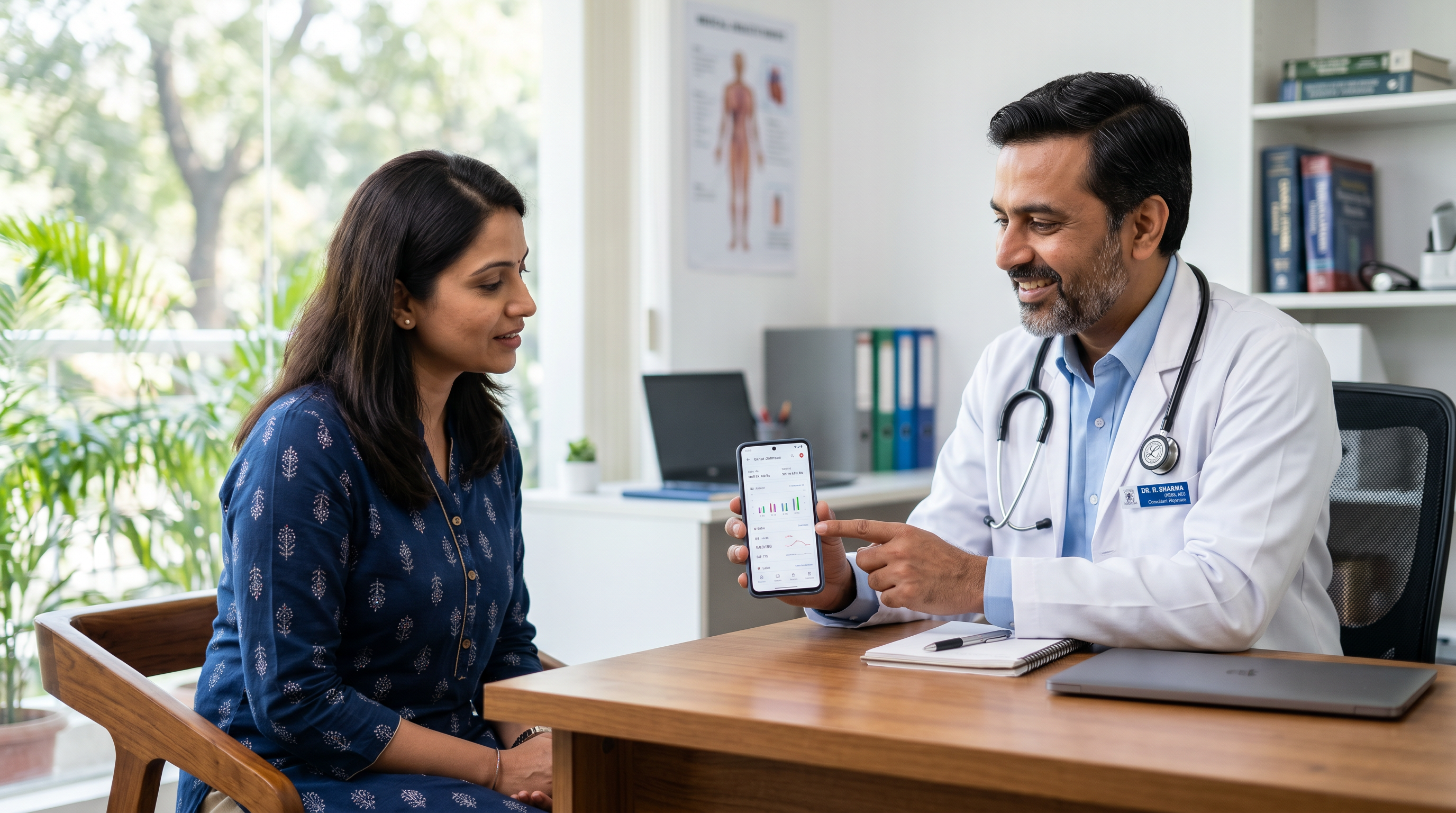 Doctor showing patient data on phone during consultation