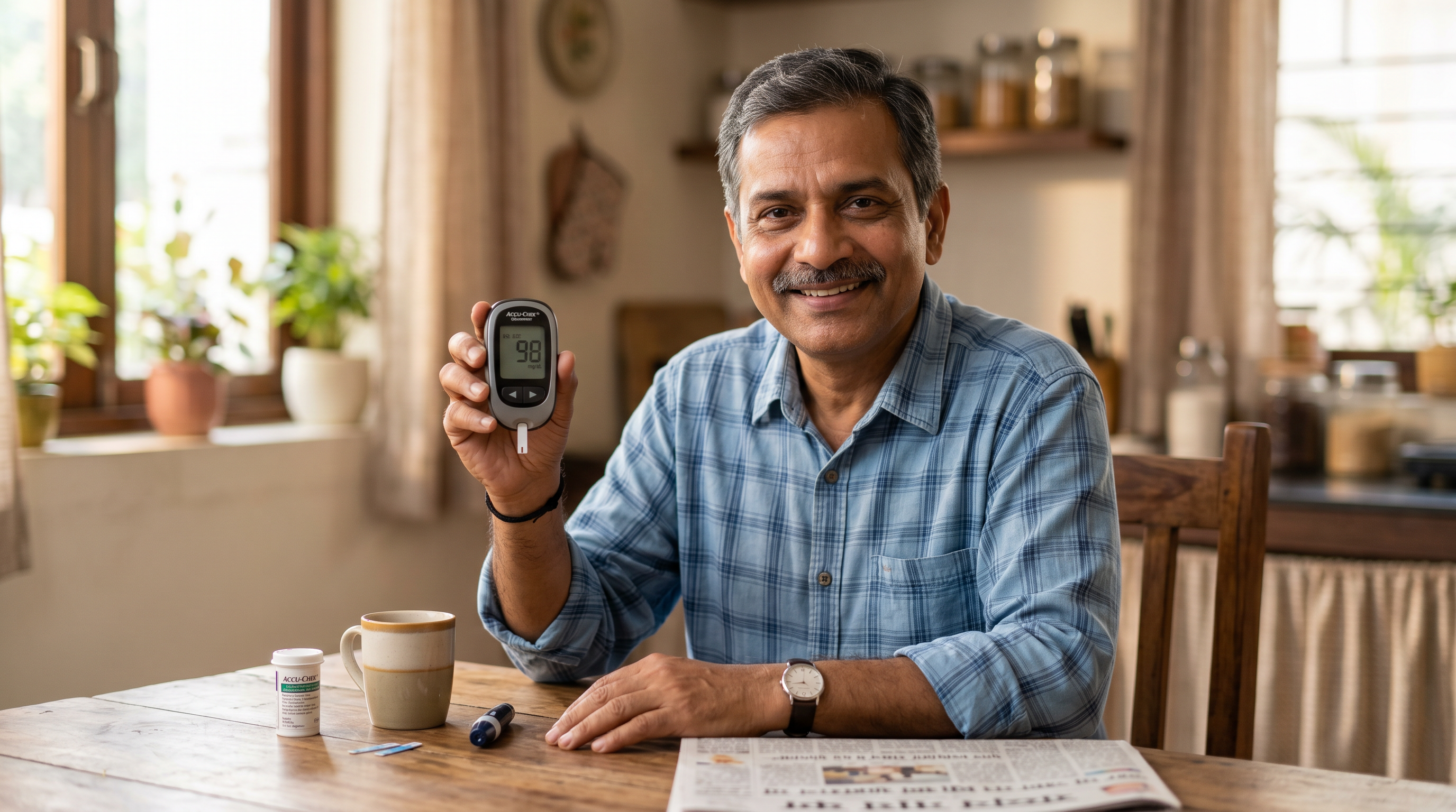Patient holding glucometer showing normal blood sugar, calm and confident