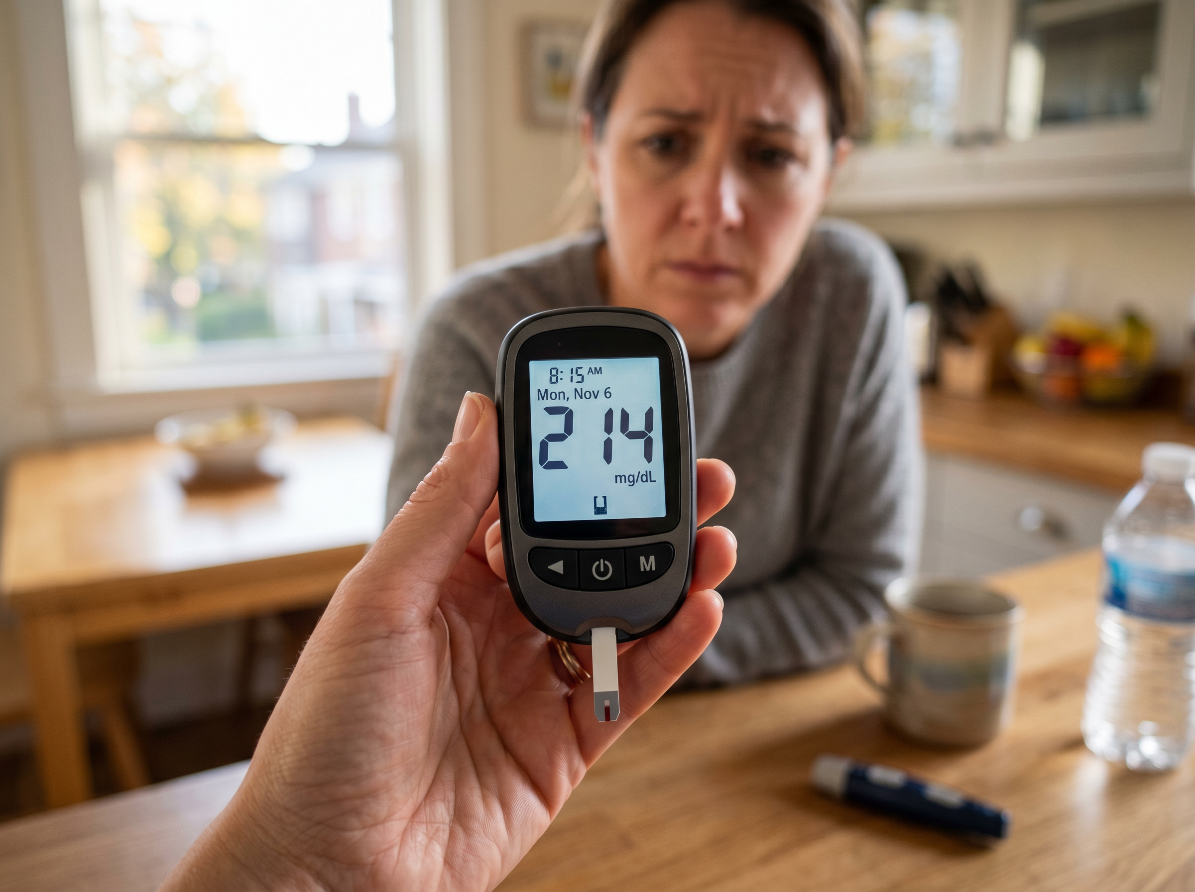 Glucometer showing 214 mg/dL high reading
